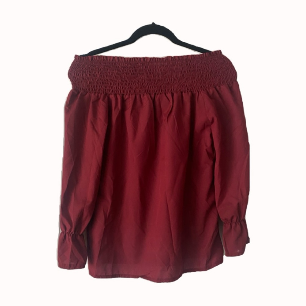 Long-sleeve red, smocked, tie-back, off-the-shoulder blouse